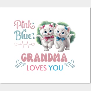 Cute Pink Or Blue Grandma Loves You Pink and Blue Coquette Kittens with Bows and Ribbons Baby Gender Reveal Baby Shower Mother's Day Cat Grandma Posters and Art